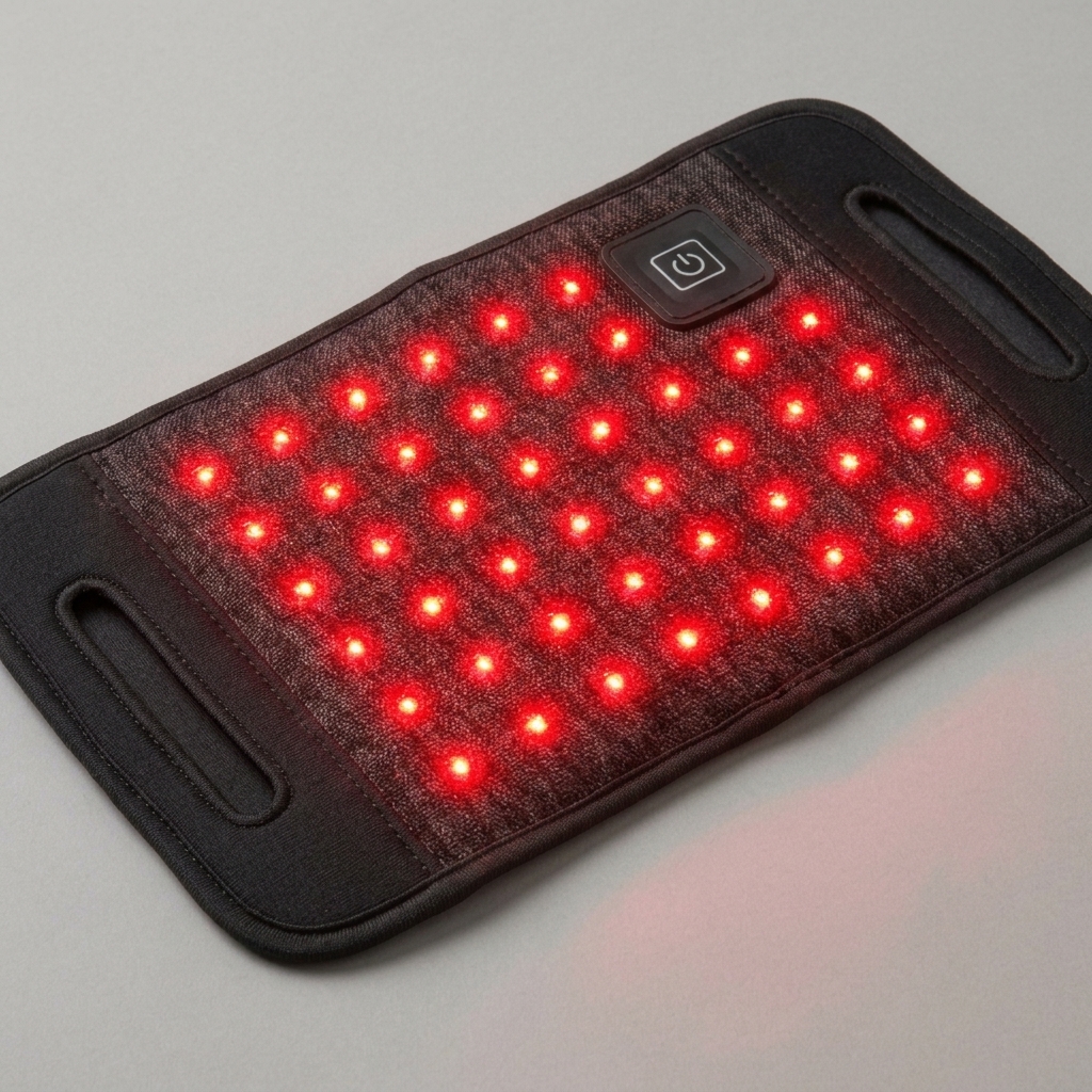 Crown Red Light Therapy Recovery Belt at a three-quarter angle, LED panel illuminated