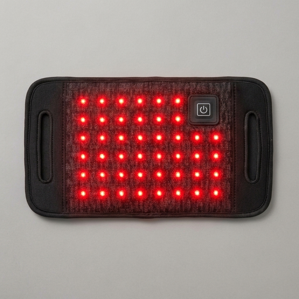 Crown Red Light Therapy Recovery Belt laid flat with the 660nm and 850nm LED array switched on