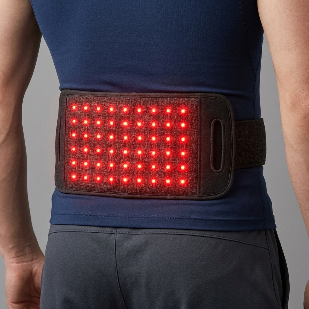 Crown Red Light Therapy Recovery Belt worn around the lower back with the LEDs glowing