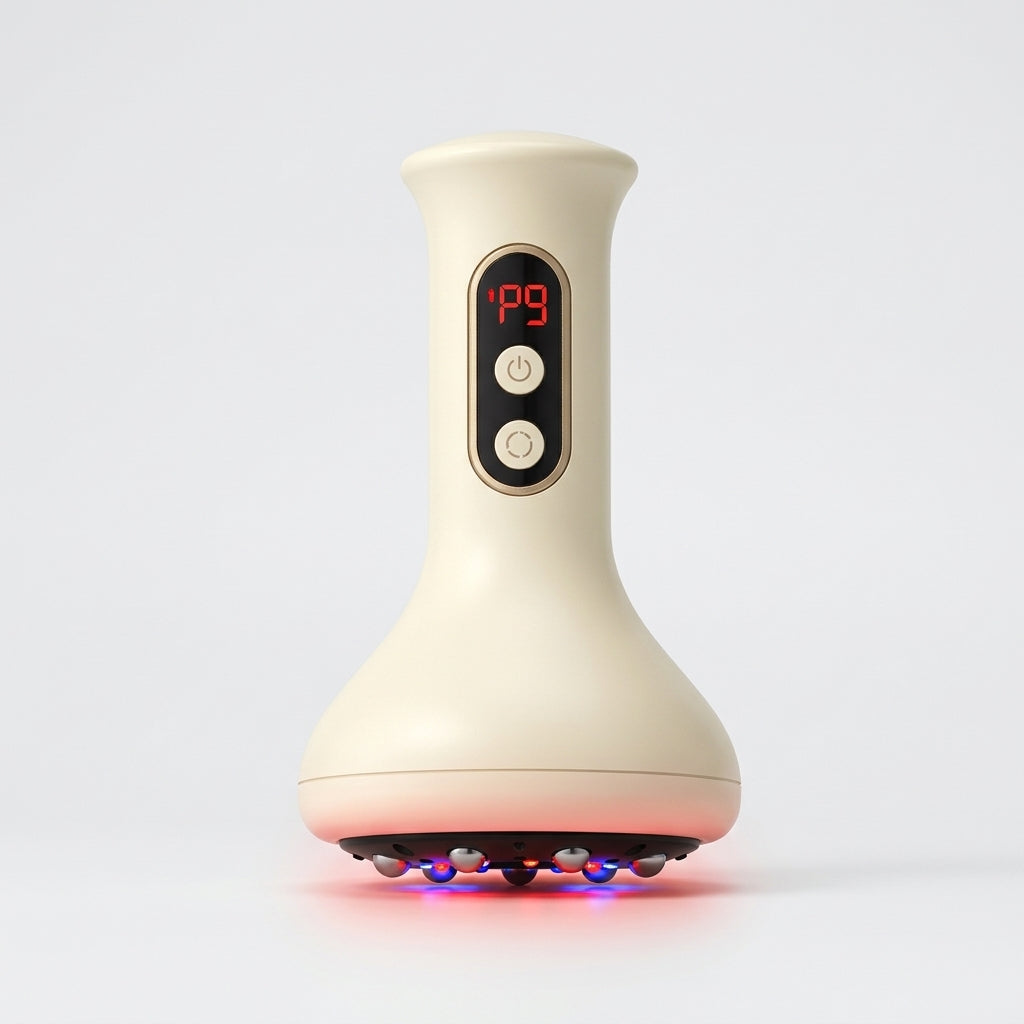 Crown Vacuum Cupping and Heat Massager standing upright with the suction head illuminated