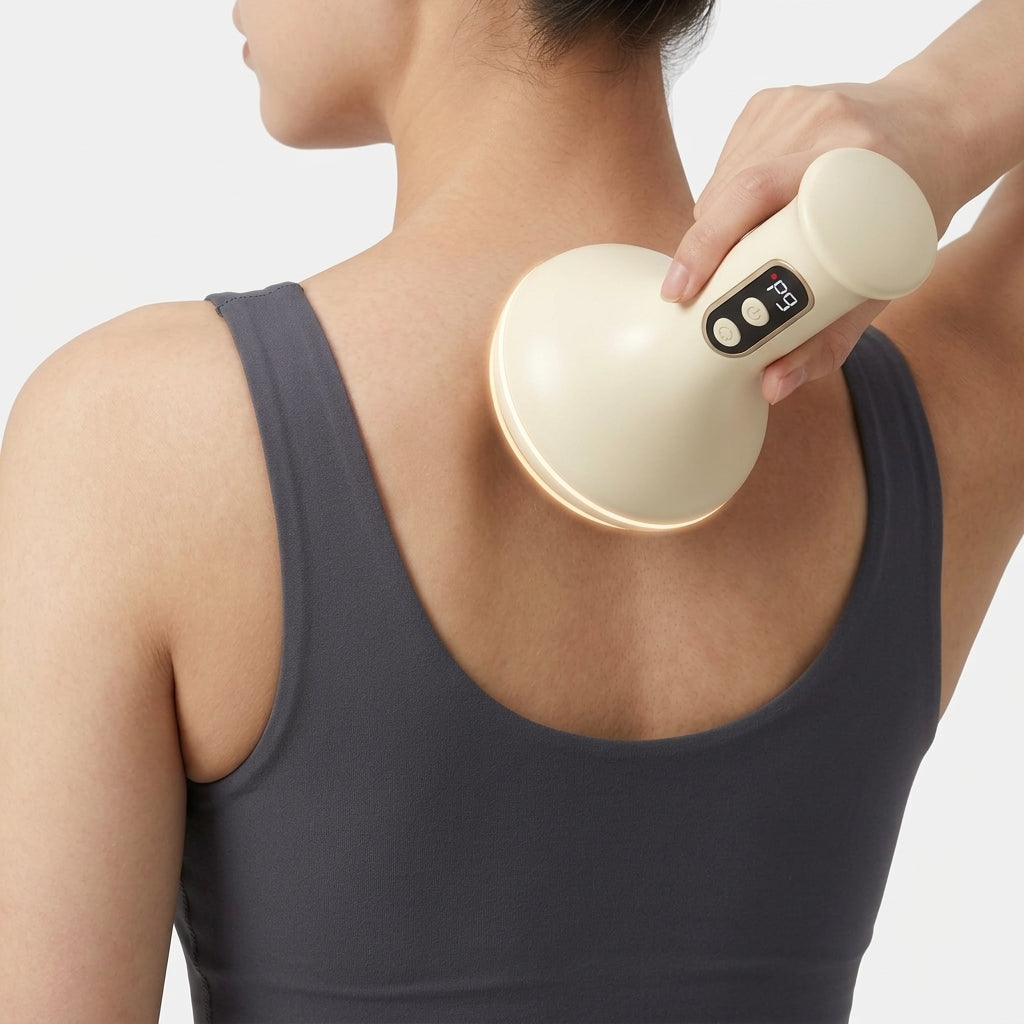 Crown Vacuum Cupping and Heat Massager in use against the shoulder, warm glow at the contact rim