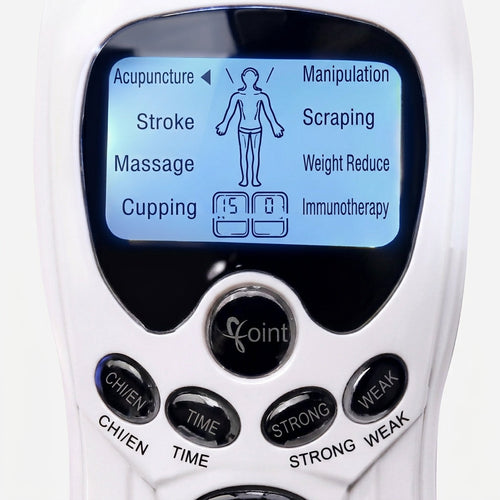 Close-up of the Crown EMS Pulse Recovery Unit's backlit LCD screen showing the eight therapy modes