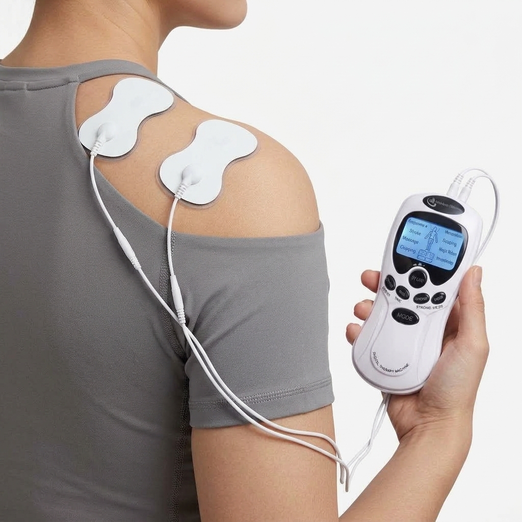 Crown EMS Pulse Recovery Unit in use, electrode pads placed on the shoulder and trapezius