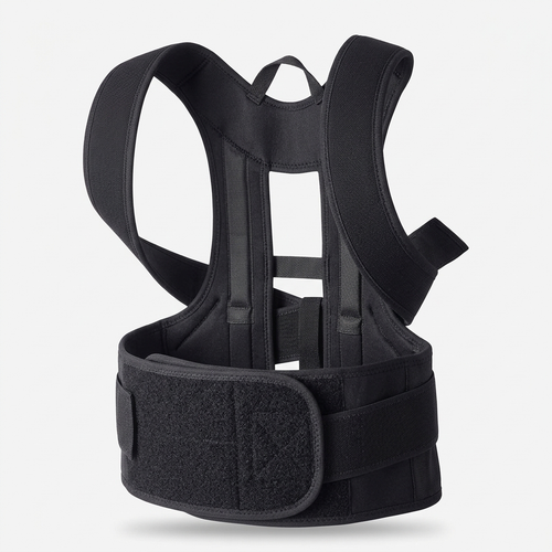 Crown Posture Corrector at a three-quarter angle, showing the adjustable waist band and back structure