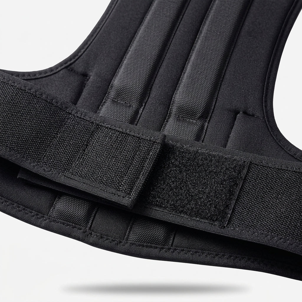 Close-up of the Crown Posture Corrector's hook-and-loop strap and padded edge binding
