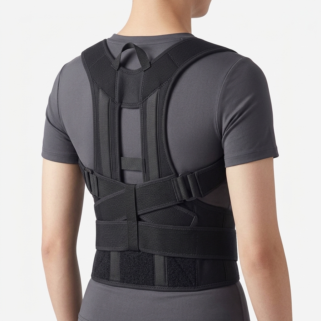 Crown Posture Corrector worn over the shoulders and upper back, viewed from behind